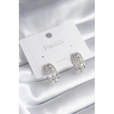 Pirinç Gümüş Renk Zirkon Taşlı Kadın Küpe