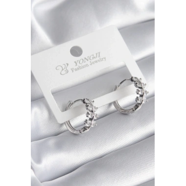 Pirinç Gümüş Renk Zirkon Taşlı Kadın Küpe