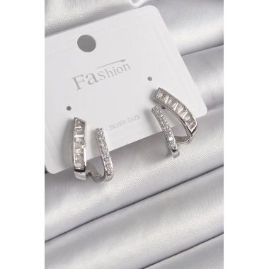 Pirinç Gümüş Renk Zirkon Taşlı Kadın Küpe