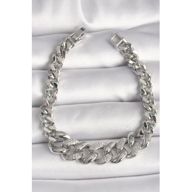 Pirinç Gümüş Renk Zirkon Taşlı Kalın Halka Model Kadın Bileklik