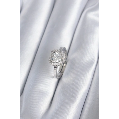 Pirinç Gümüş Renk Zirkon Taşlı Kalp Charm Model Kadın Yüzük