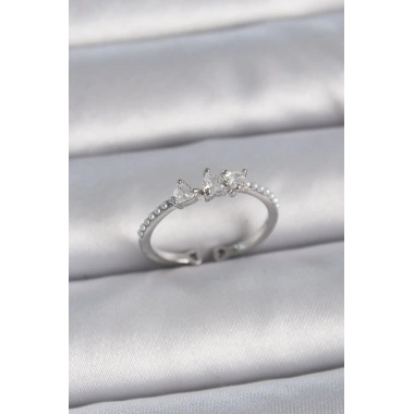 Pirinç Gümüş Renk Zirkon Taşlı Kalp İnci Detay Ayarlanabilir Model Kadın Yüzük