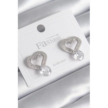 Pirinç Gümüş Renk Zirkon Taşlı Kalp Model Damla Zirkon Taş Detay Kadın Küpe