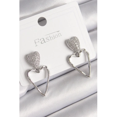Pirinç Gümüş Renk Zirkon Taşlı Kalp Model Kadın Küpe
