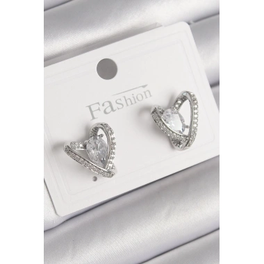 Pirinç Gümüş Renk Zirkon Taşlı Kalp Model Kadın Küpe