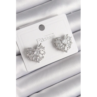 Pirinç Gümüş Renk Zirkon Taşlı Kalp Model Kadın Küpe