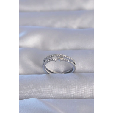 Pirinç Gümüş Renk Zirkon Taşlı Kalpli Su Yolu Model Ayarlanabilir Yüzük