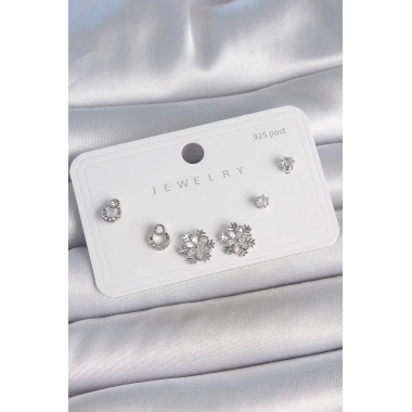 Pirinç Gümüş Renk Zirkon Taşlı Kar Tanesi Model 925 Ayar Gümüş Çivi Kadın Küpe Seti