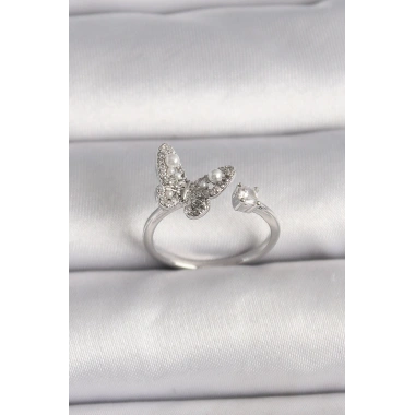 Pirinç Gümüş Renk Zirkon Taşlı Kelebek Model İnci Detay Ayarlanabilir Yüzük