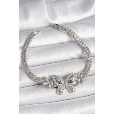 Pirinç Gümüş Renk Zirkon Taşlı Kelebek Model Kadın Bileklik