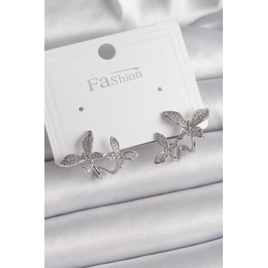 Pirinç Gümüş Renk Zirkon Taşlı Kelebek Model Kadın Küpe