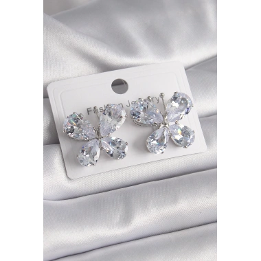 Pirinç Gümüş Renk Zirkon Taşlı Kelebek Model Kadın Küpe