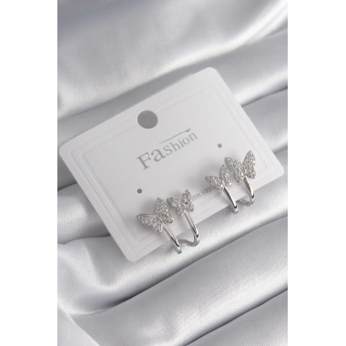 Pirinç Gümüş Renk Zirkon Taşlı Kelebek Model Kadın Küpe