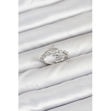 Pirinç Gümüş Renk Zirkon Taşlı Kelebek Model Kadın Yüzük