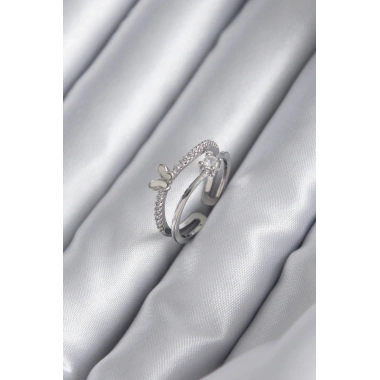 Pirinç Gümüş Renk Zirkon Taşlı Kelebek Model Kadın Yüzük