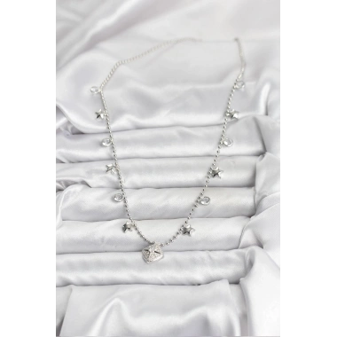 Pirinç Gümüş Renk Zirkon Taşlı Kutup Yıldızı Model Kadın Kolye