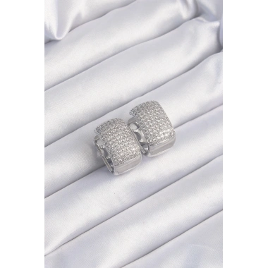 Pirinç Gümüş Renk Zirkon Taşlı Minimal Halka Küpe