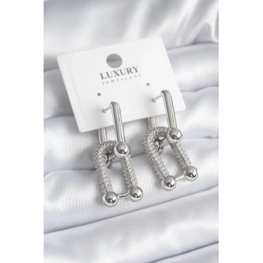 Pirinç Gümüş Renk Zirkon Taşlı Model VIP Seri Kadın Küpe