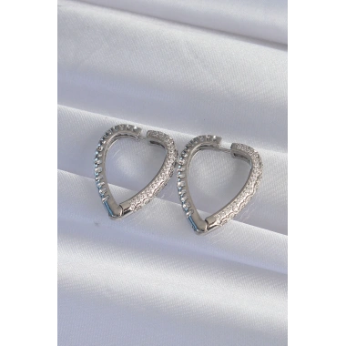 Pirinç Gümüş Renk Zirkon Taşlı Motifli Kalp Küpe