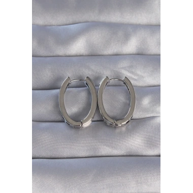 Pirinç Gümüş Renk Zirkon Taşlı Oval Model Küpe