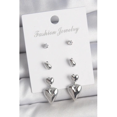 Pirinç Gümüş Renk Zirkon Taşlı Sallantılı Kalp Model 3 Çift Kadın Küpe Seti