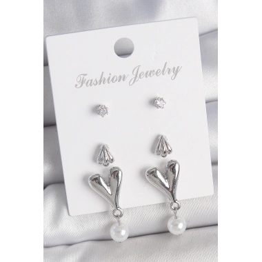 Pirinç Gümüş Renk Zirkon Taşlı Sallantılı Kalp Model 3 Çift Kadın Küpe Seti