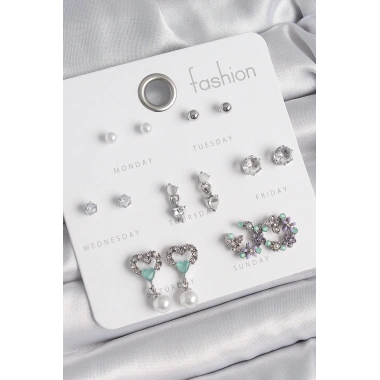 Pirinç Gümüş Renk Zirkon Taşlı Sallantılı Kalp Model Çiçek Detay 7 Çift Kadın Küpe Seti