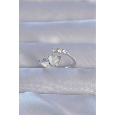 Pirinç Gümüş Renk Zirkon Taşlı Sedefli Kalp Model Ayarlanabilir Yüzük