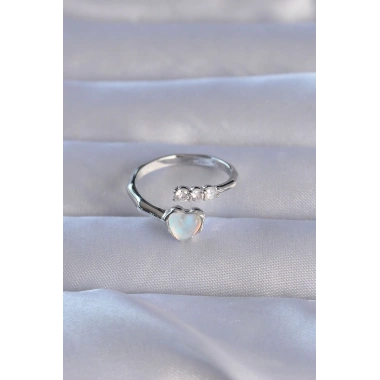 Pirinç Gümüş Renk Zirkon Taşlı Sedefli Kalp Model Ayarlanabilir Yüzük