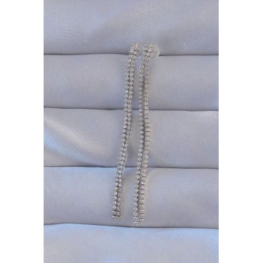 Pirinç Gümüş Renk Zirkon Taşlı Su Yolu Model Küpe