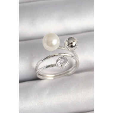 Pirinç Gümüş Renk Zirkon Taşlı Toplu İnci Model Kadın Yüzük