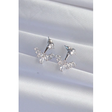 Pirinç Gümüş Renk Zirkon Taşlı V Model Küpe