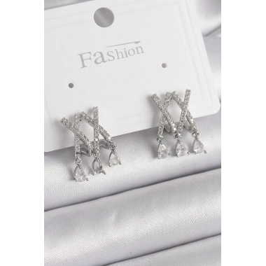 Pirinç Gümüş Renk Zirkon Taşlı X Model Sallantı Detay Kadın Küpe