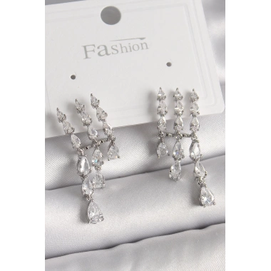 Pirinç Gümüş Renk Zirkon Taşlı Yağmur Model Kadın Küpe