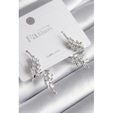 Pirinç Gümüş Renk Zirkon Taşlı Yaprak Model Kadın Küpe