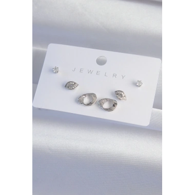 Pirinç Gümüş Renk Zirkon Taşlı Yaprak Model Küpe Seti