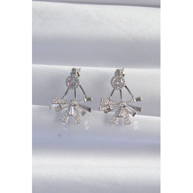 Pirinç Gümüş Renk Zirkon Taşlı Yassı Fiyonk Model Küpe