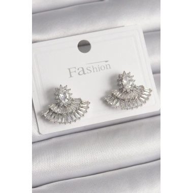 Pirinç Gümüş Renk Zirkon Taşlı Yelpaze Model Kadın Küpe