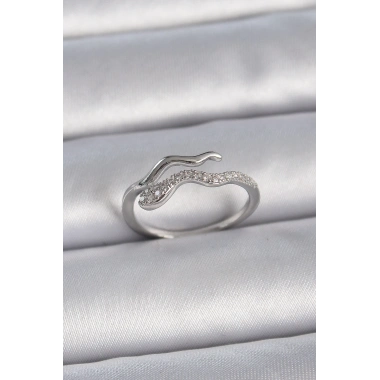 Pirinç Gümüş Renk Zirkon Taşlı Yılan Ayarlanabilir Model Kadın Yüzük