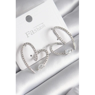 Pirinç Gümüş Renk Zirkon Taşlı Yılan Kalp Model Kadın Küpe