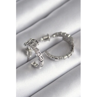 Pirinç Gümüş Renk Zirkon Taşlı Yılan Model Kadın Küpe