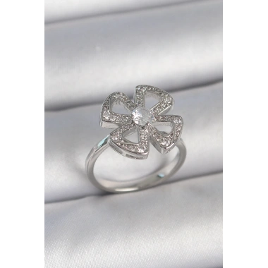 Pirinç Gümüş Renk Zirkon Taşlı Yonca Model Ayarlanabilir Kadın Yüzük