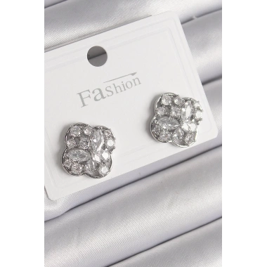 Pirinç Gümüş Renk Zirkon Taşlı Yonca Model Kadın Küpe