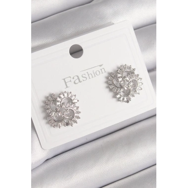 Pirinç Gümüş Renk Zirkon Taşlı Yonca Model Kadın Küpe