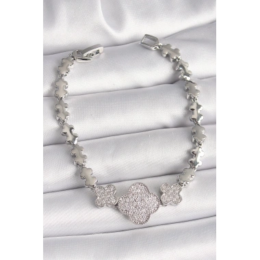 Pirinç Gümüş Renk Zirkon Taşlı Yonca Model Zincir Model Kadın Bileklik