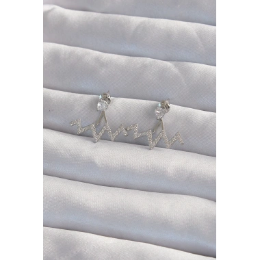 Pirinç Gümüş Renk Zirkon Taşlı Zikzak Küpe