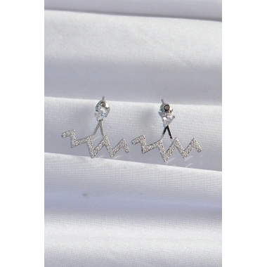 Pirinç Gümüş Renk Zirkon Taşlı Zikzak Küpe