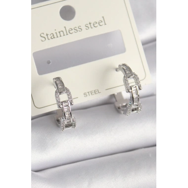 Pirinç Gümüş Renk Zirkon Taşlı Zincir Model Kadın Küpe