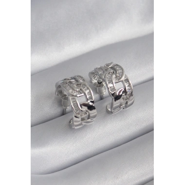 Pirinç Gümüş Renk Zirkon Taşlı Zincir Model Kadın Küpe