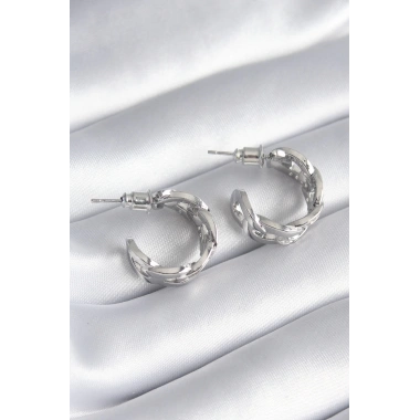 Pirinç Gümüş Renk Zirkon Taşlı Zincir Model Kadın Küpe